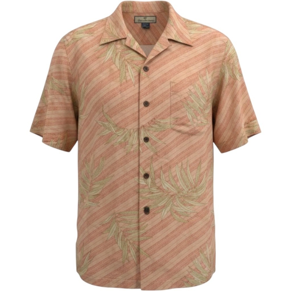 Tommy Bahama Relax Shirt Mens Medium Peach Silk Tropical Leaf Stripe Camp Button